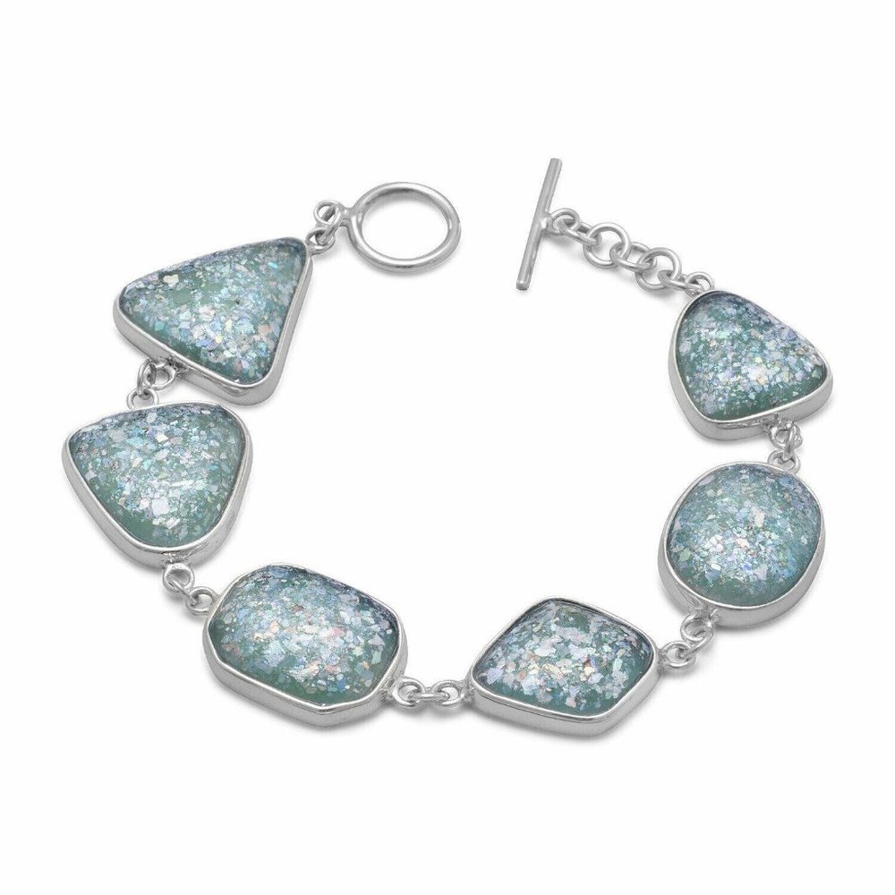 Sterling Silver 7" Ancient Roman Glass Toggle Bracelet NEW fast ship